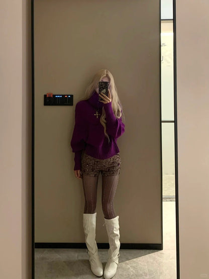 Purple Loose Sweater and Sequin Brown Shorts Y2K Two Piece Sets - tutufox - 