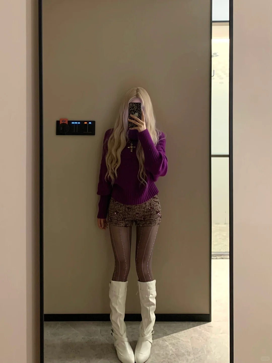 Purple Loose Sweater and Sequin Brown Shorts Y2K Two Piece Sets - tutufox - 