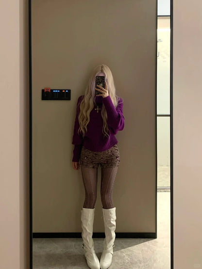 Purple Loose Sweater and Sequin Brown Shorts Y2K Two Piece Sets - tutufox - 