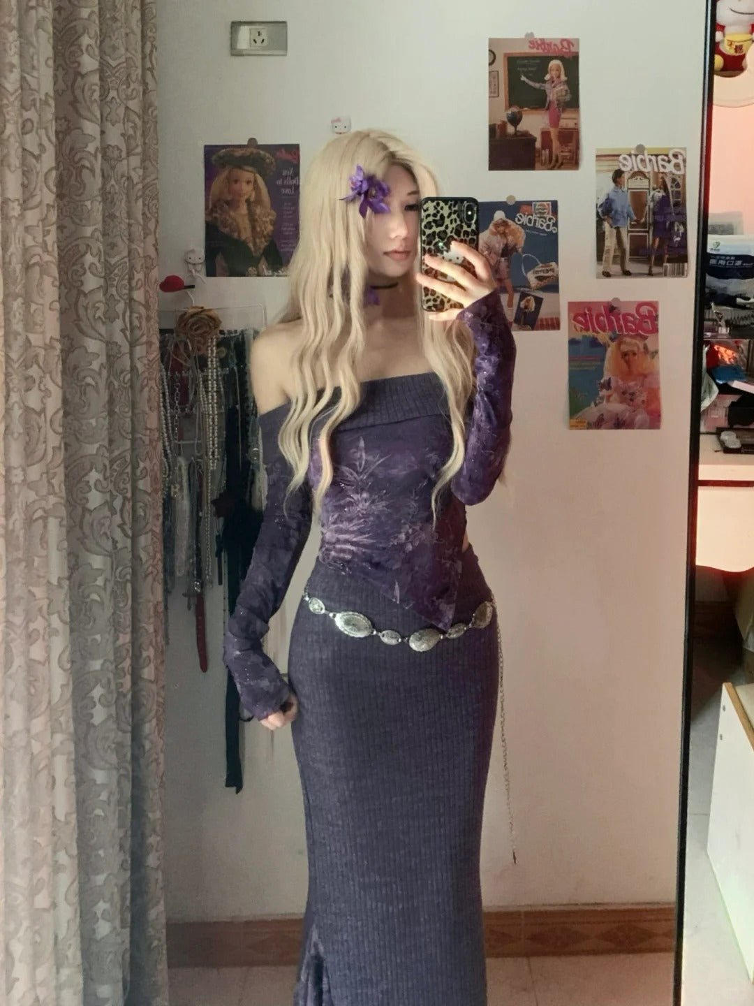 Purple Strapless Top and Long Skirt with Metal Belt Y2K Two Piece Sets - tutufox - 