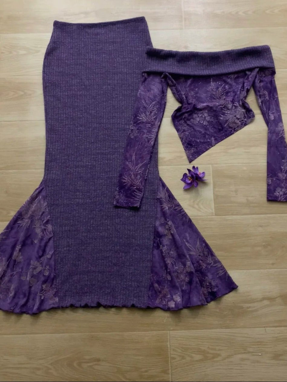 Purple Strapless Top and Long Skirt with Metal Belt Y2K Two Piece Sets - tutufox - 