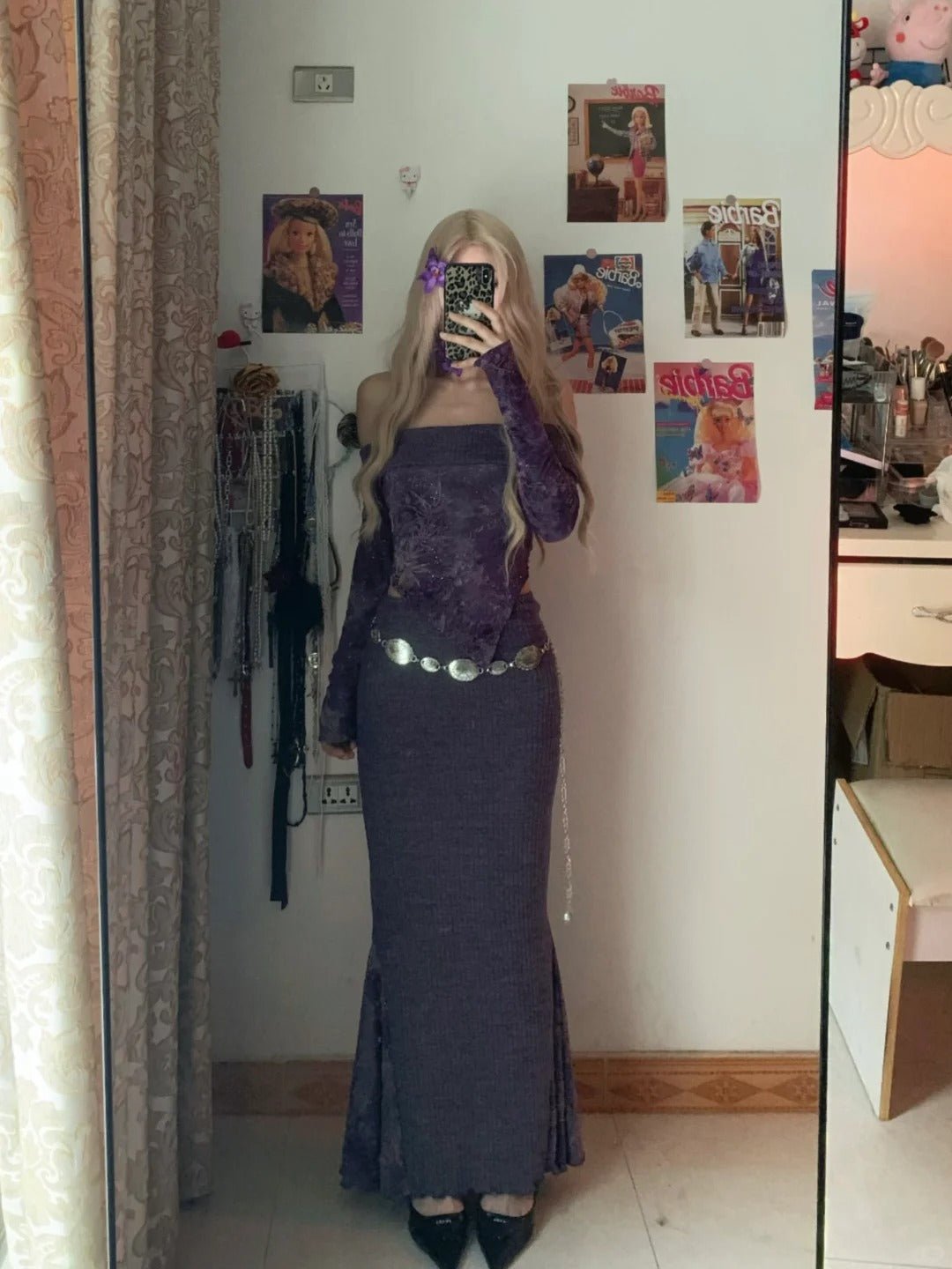 Purple Strapless Top and Long Skirt with Metal Belt Y2K Two Piece Sets - tutufox - 