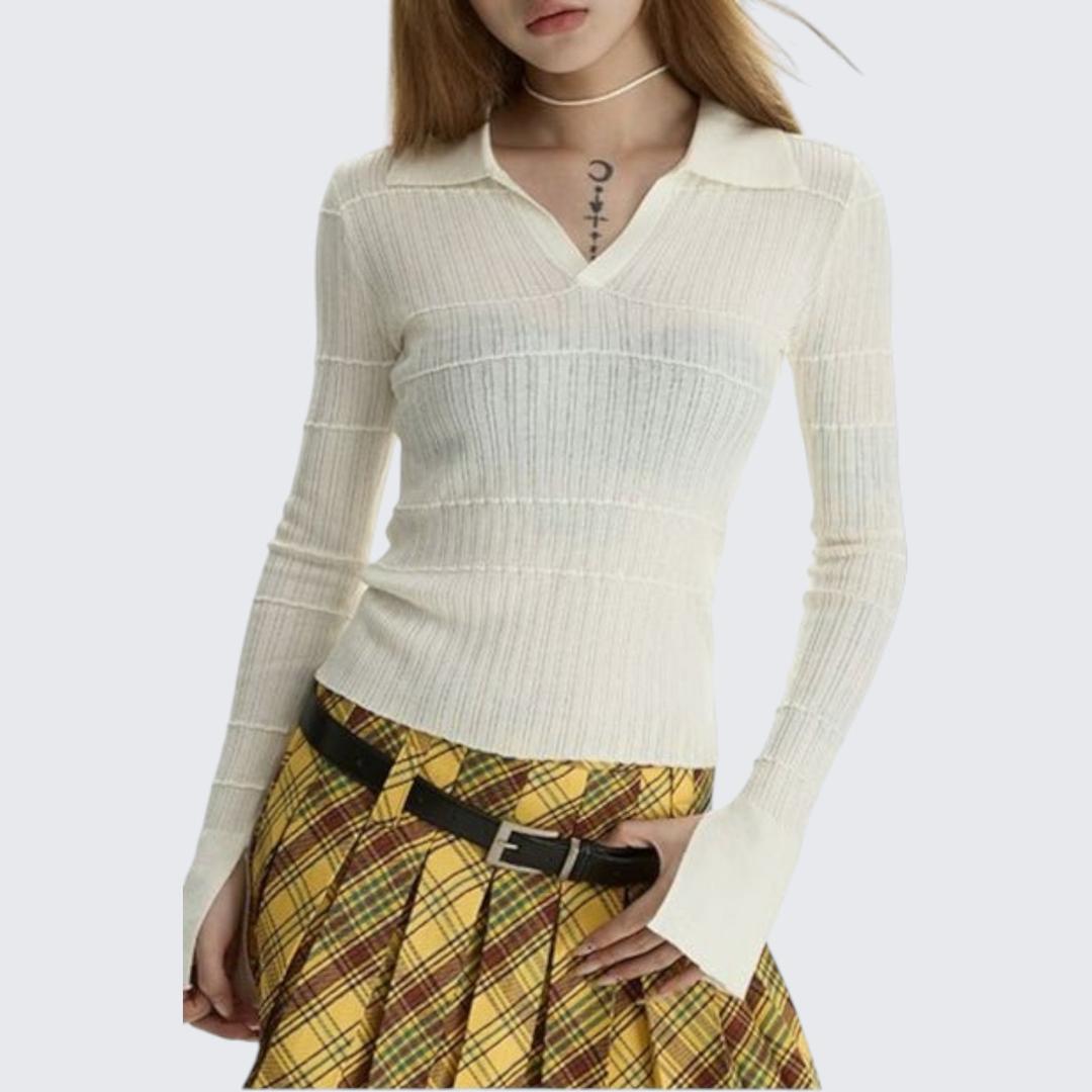 Purple V-Neck Long-Sleeve Trumpet-Sleeve Knitted Top For Women - Spring & Autumn