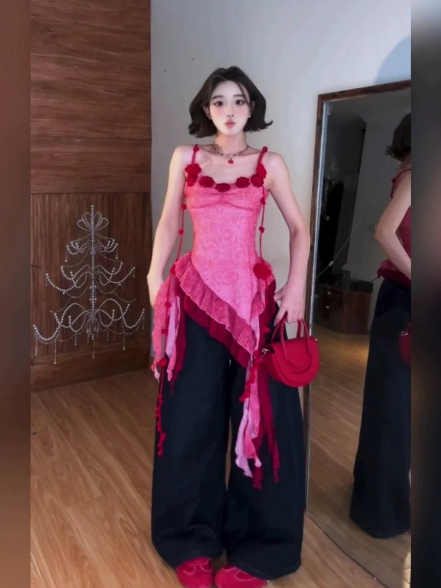 Red 3D Flower Spaghetti - Strap Beach Vacation Asymmetrical Mini Dress - tutufox - 