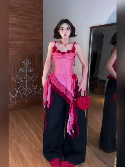 Red 3D Flower Spaghetti - Strap Beach Vacation Asymmetrical Mini Dress - tutufox - 