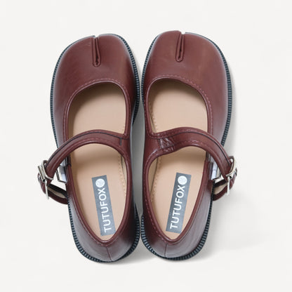 Red Brown Split Toe Mary Jane Flats Tabi - tutufox - tabis