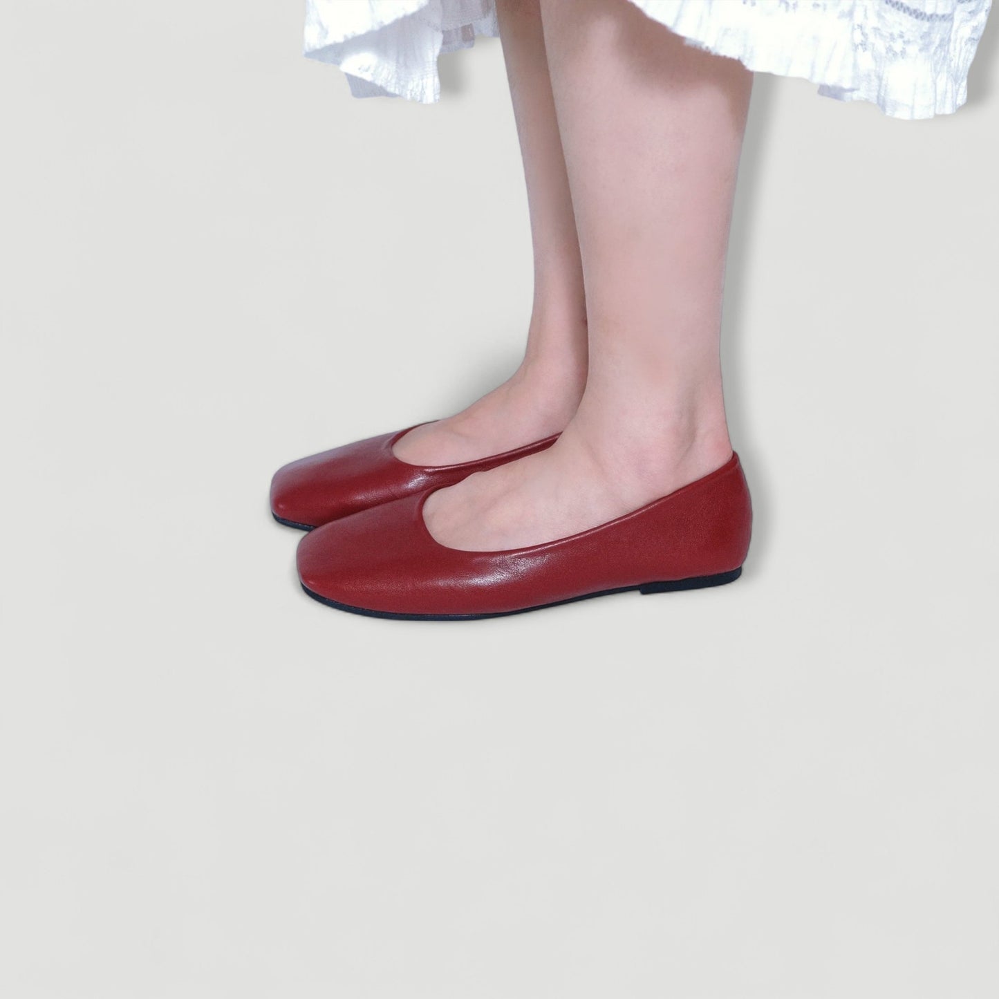 leather square toe flats red model standing view
