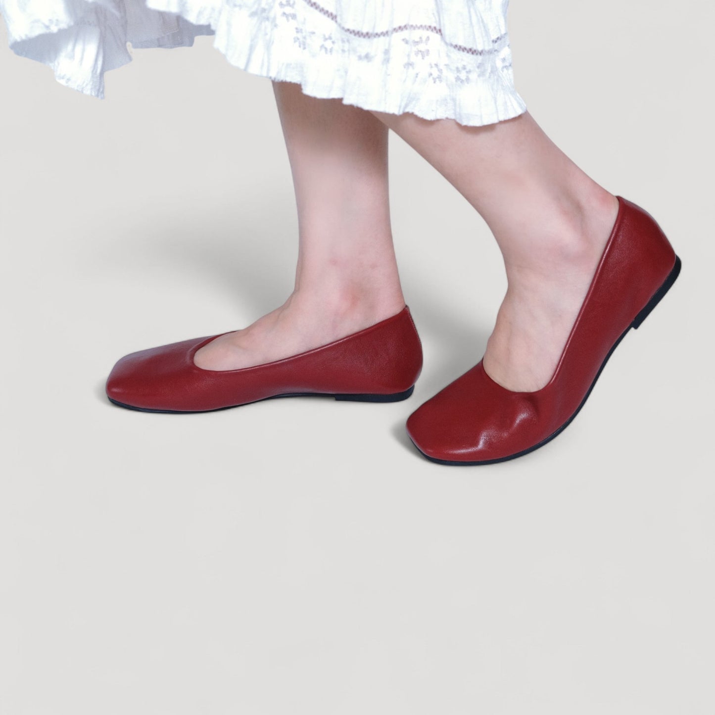 leather square toe flats red model walking view