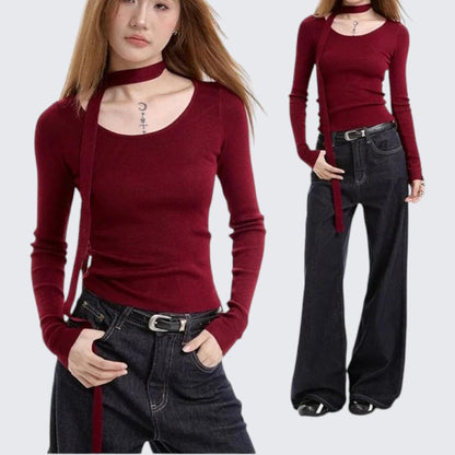 Red Long - Sleeve Knitted Top For Women - Spring & Autumn - tutufox - 