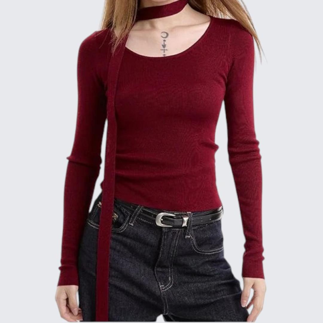 Red Long - Sleeve Knitted Top For Women - Spring & Autumn - tutufox - 