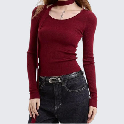 Red Long - Sleeve Knitted Top For Women - Spring & Autumn - tutufox - 