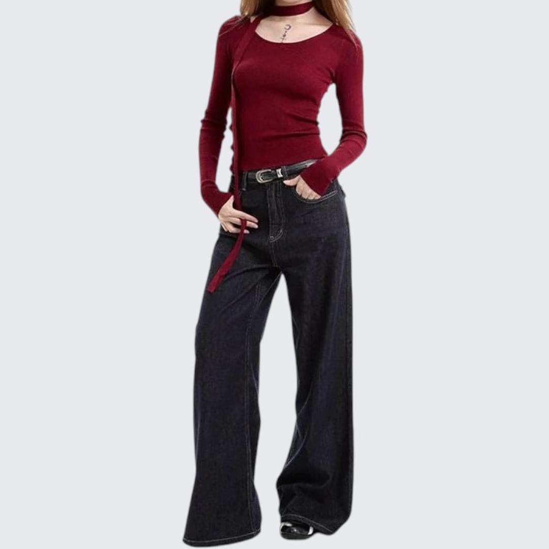 Red Long - Sleeve Knitted Top For Women - Spring & Autumn - tutufox - 