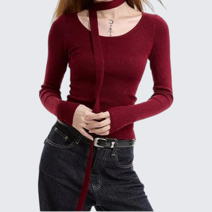 Red Long - Sleeve Knitted Top For Women - Spring & Autumn - tutufox - 