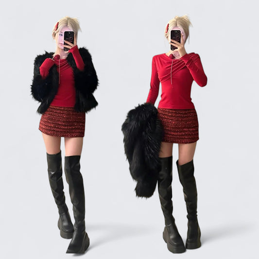 Red Long Sleeve Top with Red - Brown Sequin Skirt and Black Fur Coat Y2K Outfit - tutufox - 