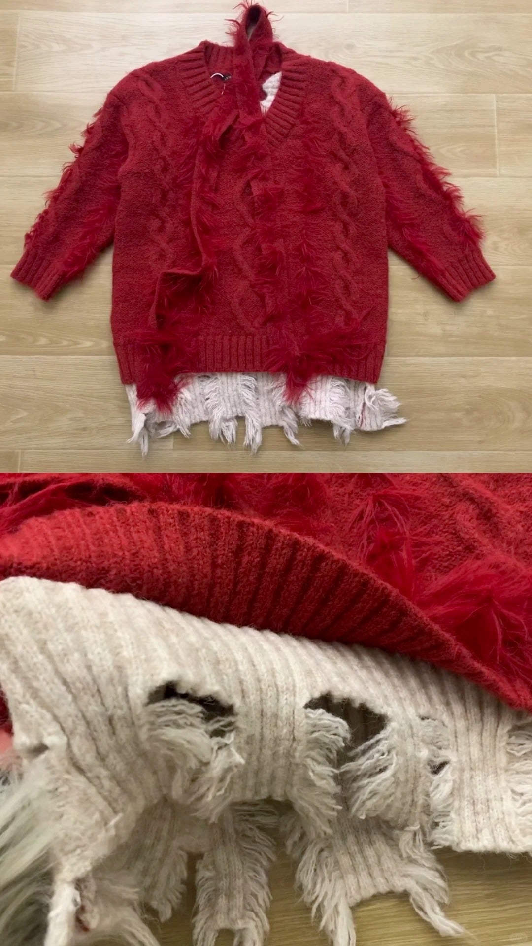 Red Off - Shoulder Fuzzy Knit Top with White Fur Shorts Y2K Two - Piece Set - tutufox - 