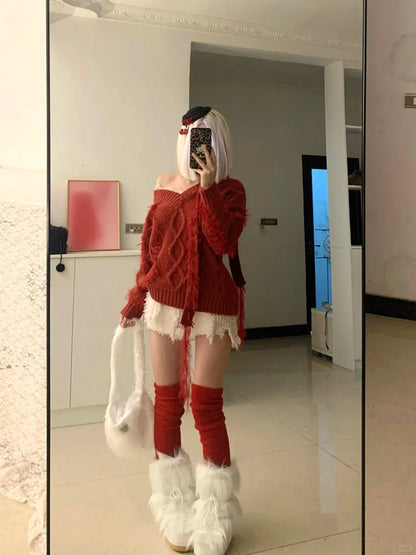 Red Off - Shoulder Fuzzy Knit Top with White Fur Shorts Y2K Two - Piece Set - tutufox - 