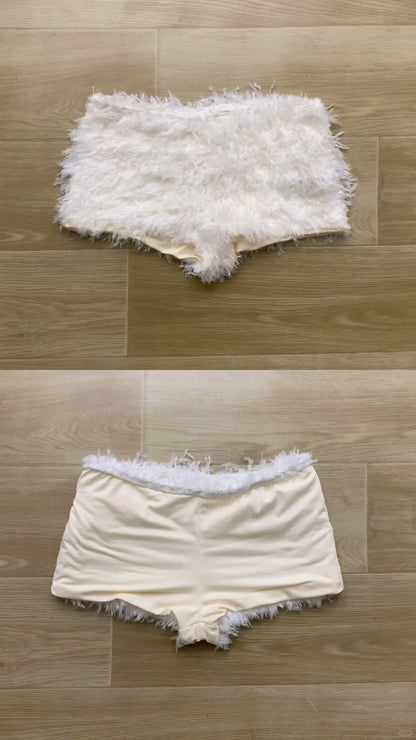 Red Off - Shoulder Fuzzy Knit Top with White Fur Shorts Y2K Two - Piece Set - tutufox - 