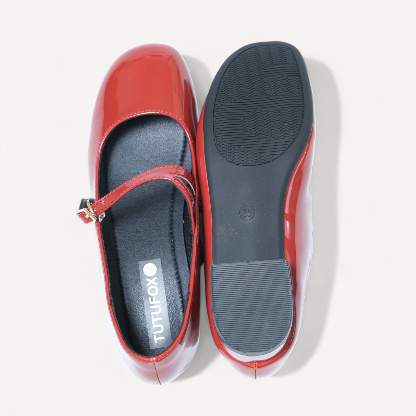 red patent mary jane buckle round toe flats sole view  