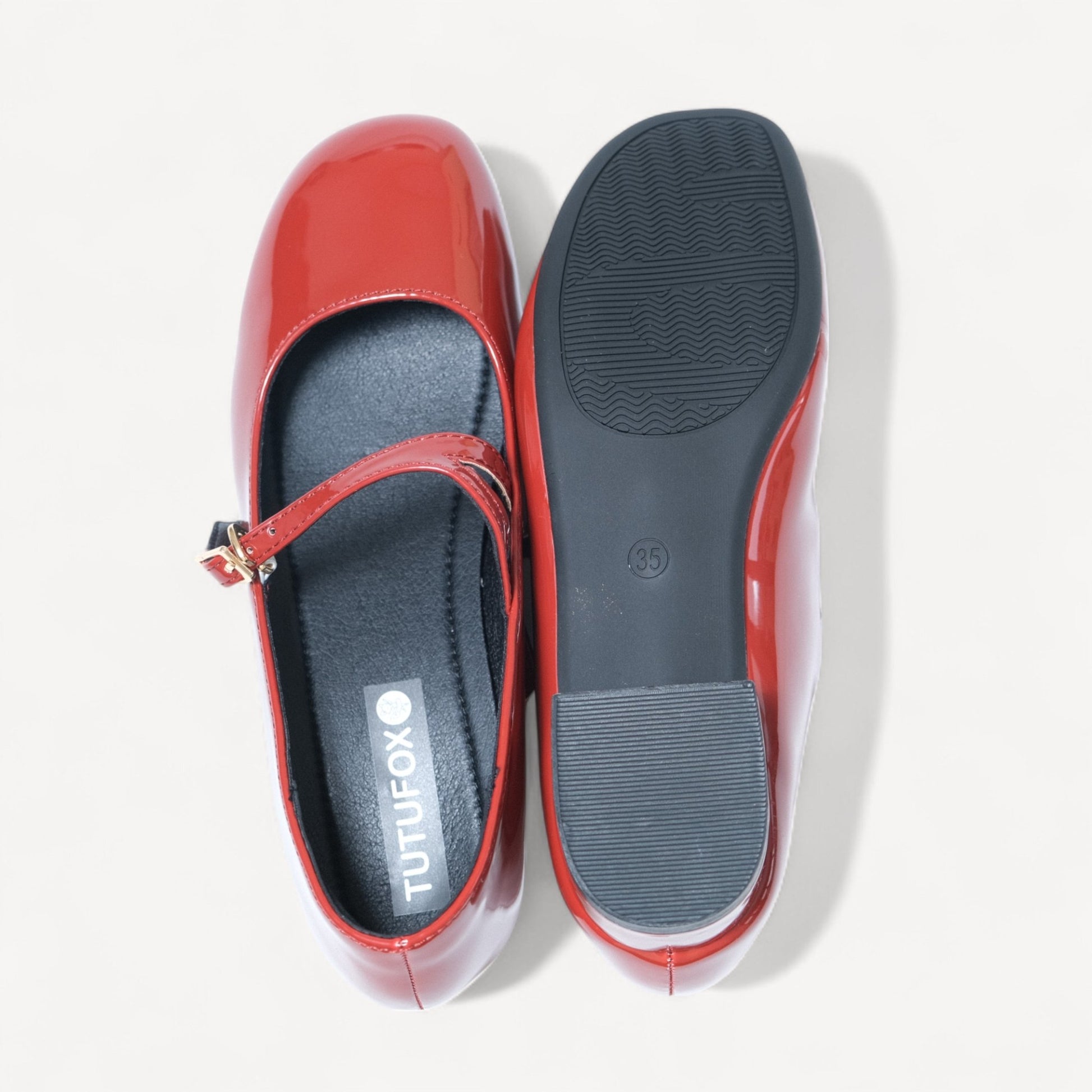 red patent mary jane buckle round toe flats sole view  