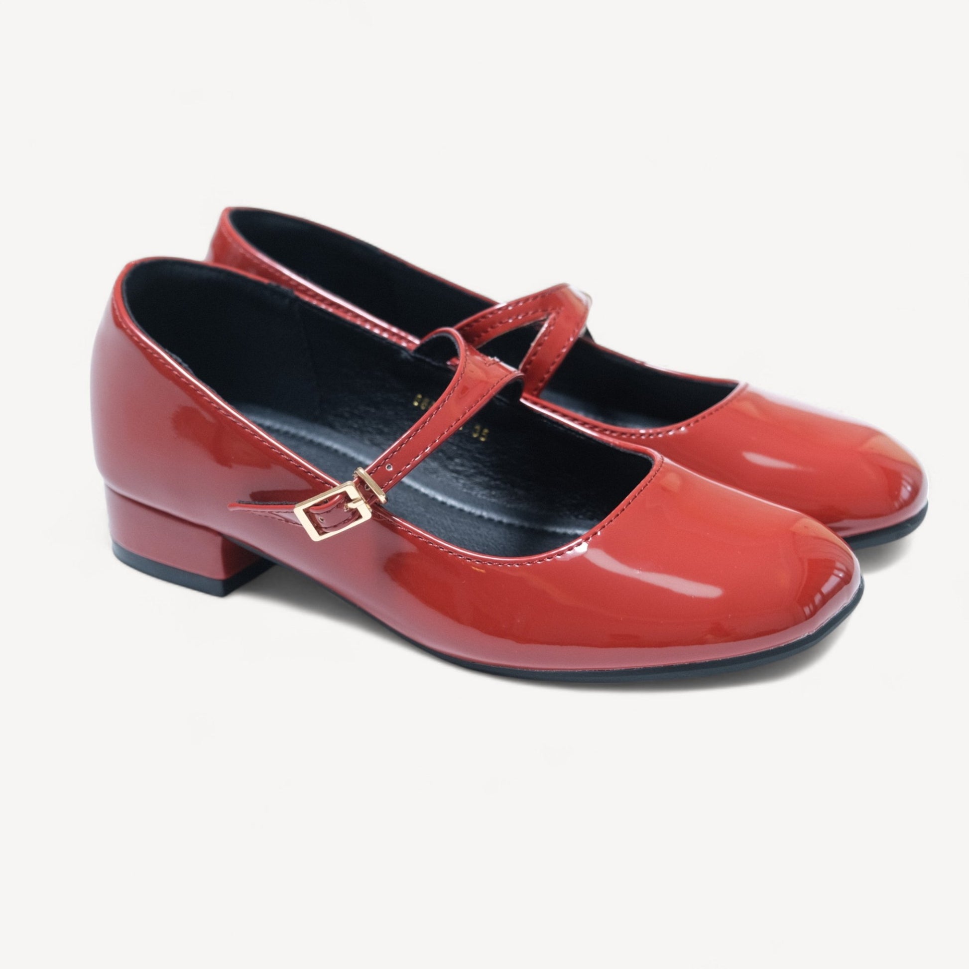 red patent mary jane buckle round toe flats right oblique view  