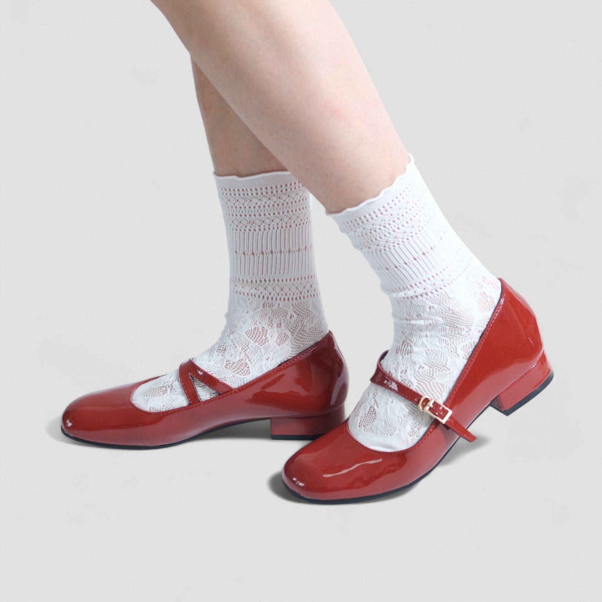 red patent mary jane buckle round toe flats model walking  