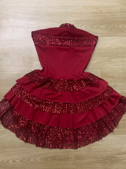 Red Sequin Ruffle Mini Dress Y2K Party - tutufox - 