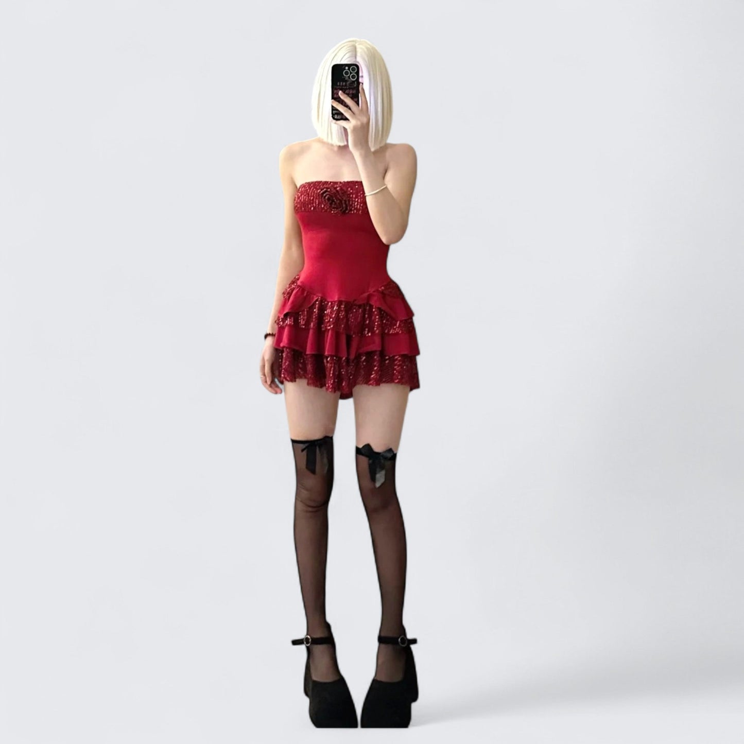 Red Sequin Ruffle Mini Dress Y2K Party - tutufox - 