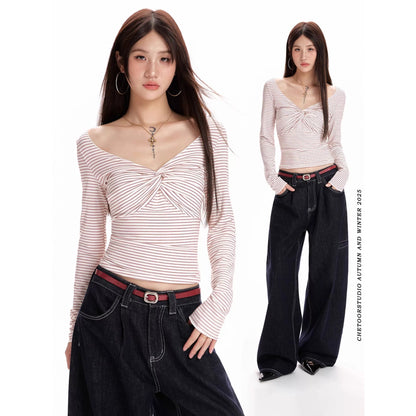 Red Stripe Twist - Front V - Neck Long - Sleeve E - Girl T-Shirt With Slim Fit & Cropped Length - tutufox - 
