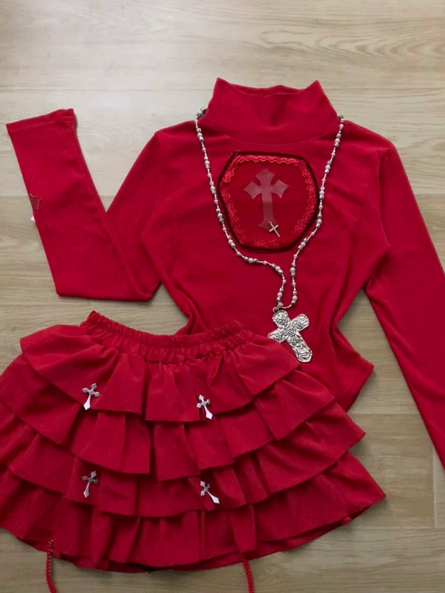 Red Turtleneck Top and Ruffle Skirt Y2K Two Piece Sets - tutufox - 