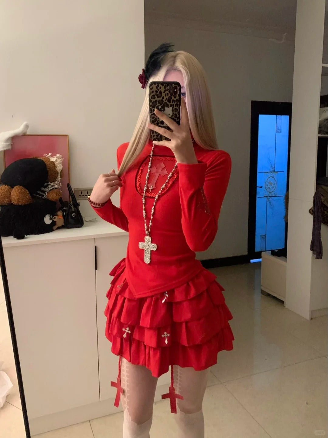Red Turtleneck Top and Ruffle Skirt Y2K Two Piece Sets - tutufox - 