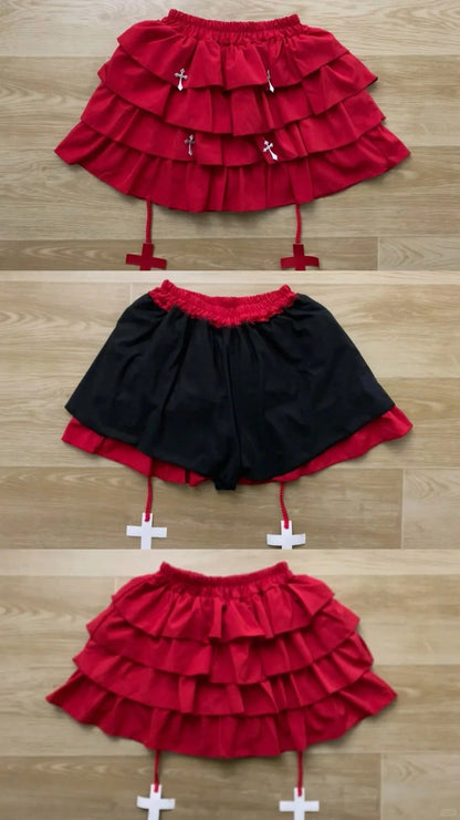 Red Turtleneck Top and Ruffle Skirt Y2K Two Piece Sets - tutufox - 