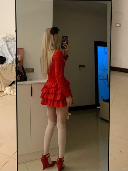 Red Turtleneck Top and Ruffle Skirt Y2K Two Piece Sets - tutufox - 