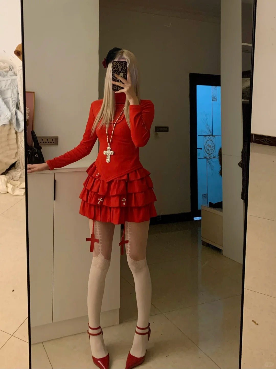 Red Turtleneck Top and Ruffle Skirt Y2K Two Piece Sets - tutufox - 