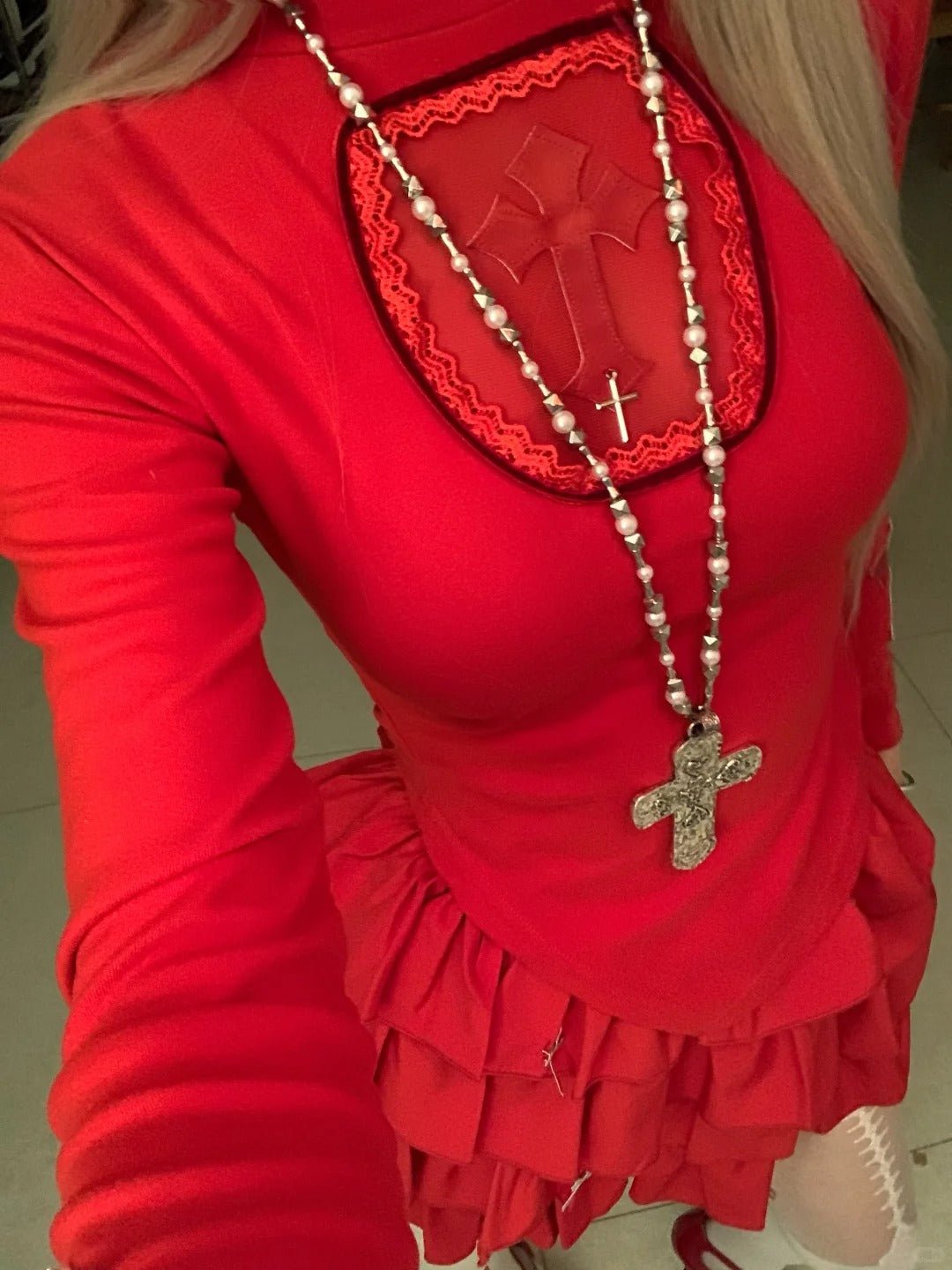 Red Turtleneck Top and Ruffle Skirt Y2K Two Piece Sets - tutufox - 