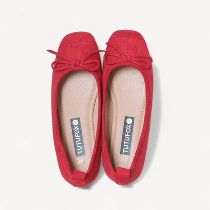 Red Velvet Bow Square Toe Ballet Flats - tutufox - shoes