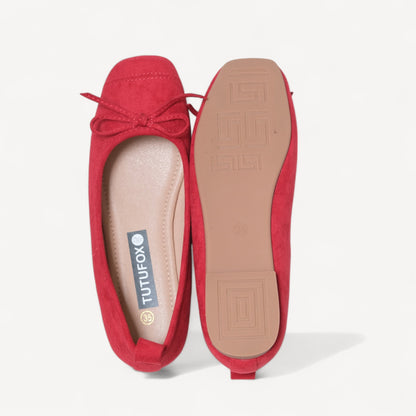 Red Velvet Bow Square Toe Ballet Flats - tutufox - shoes