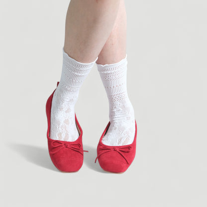 Red Velvet Bow Square Toe Ballet Flats - tutufox - shoes
