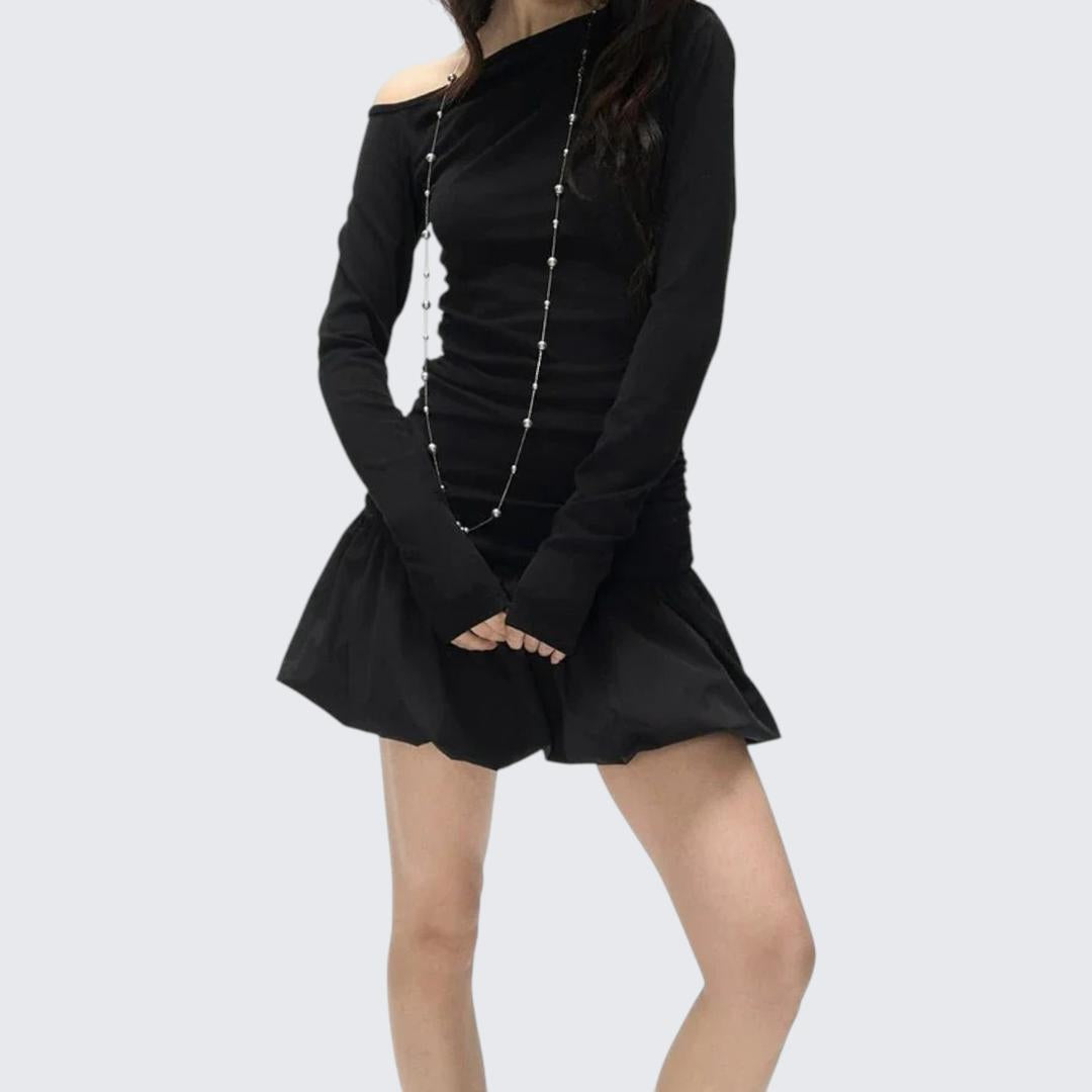 Retro Ballet - Style Fitted Long - Sleeve Dress With Ruched Details & Asymmetrical Shoulder - tutufox - 