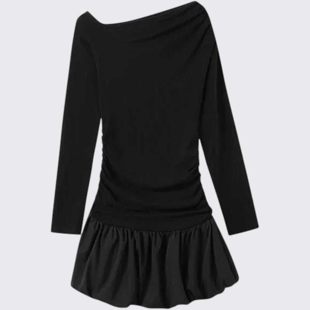 Retro Ballet-Style Fitted Long-Sleeve Dress With Ruched Details & Asymmetrical Shoulder