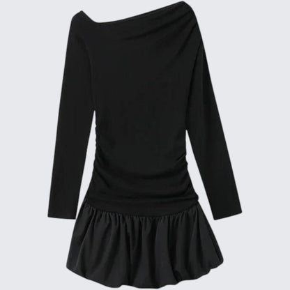 Retro Ballet-Style Fitted Long-Sleeve Dress With Ruched Details & Asymmetrical Shoulder