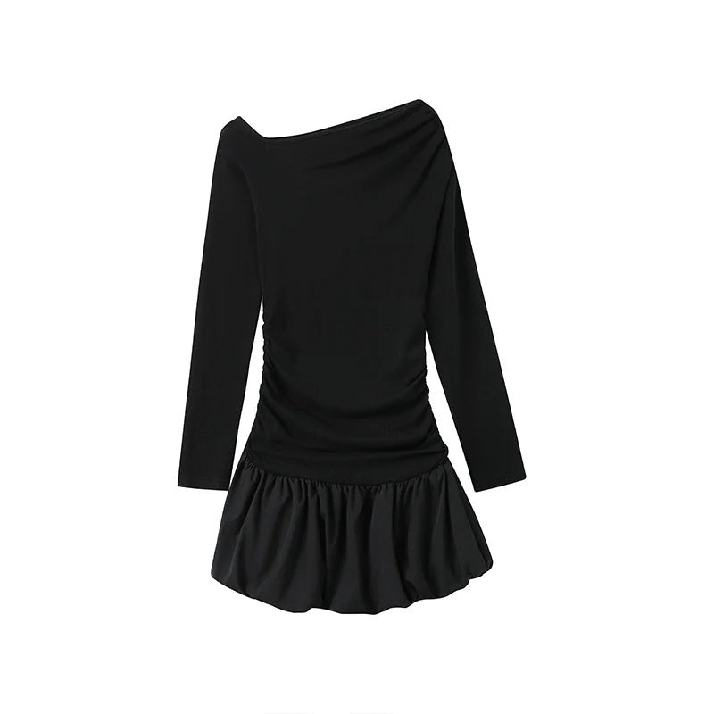 Retro Ballet - Style Fitted Long - Sleeve Dress With Ruched Details & Asymmetrical Shoulder - tutufox - 