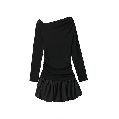 Retro Ballet - Style Fitted Long - Sleeve Dress With Ruched Details & Asymmetrical Shoulder - tutufox - 