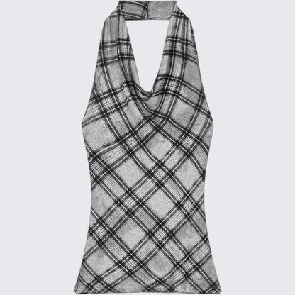 Retro Plaid Cowl-Neck Sleeveless E-Girl Halter Top With Waist-Cinching Fit