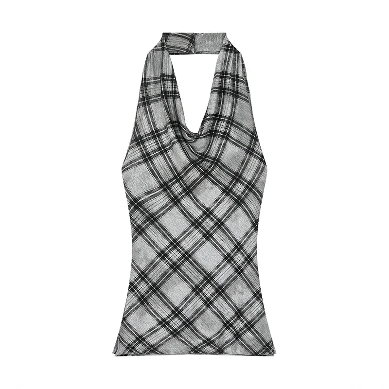 Retro Plaid Cowl - Neck Sleeveless E - Girl Halter Top With Waist - Cinching Fit - tutufox - 