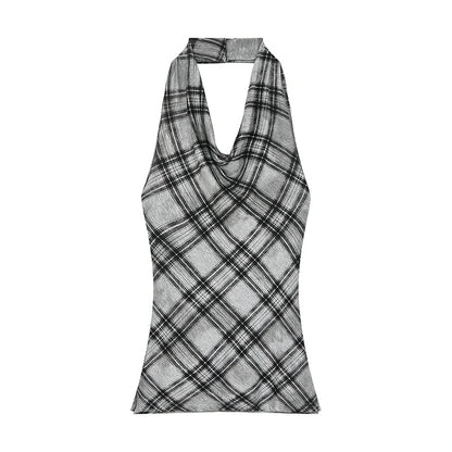 Retro Plaid Cowl - Neck Sleeveless E - Girl Halter Top With Waist - Cinching Fit - tutufox - 