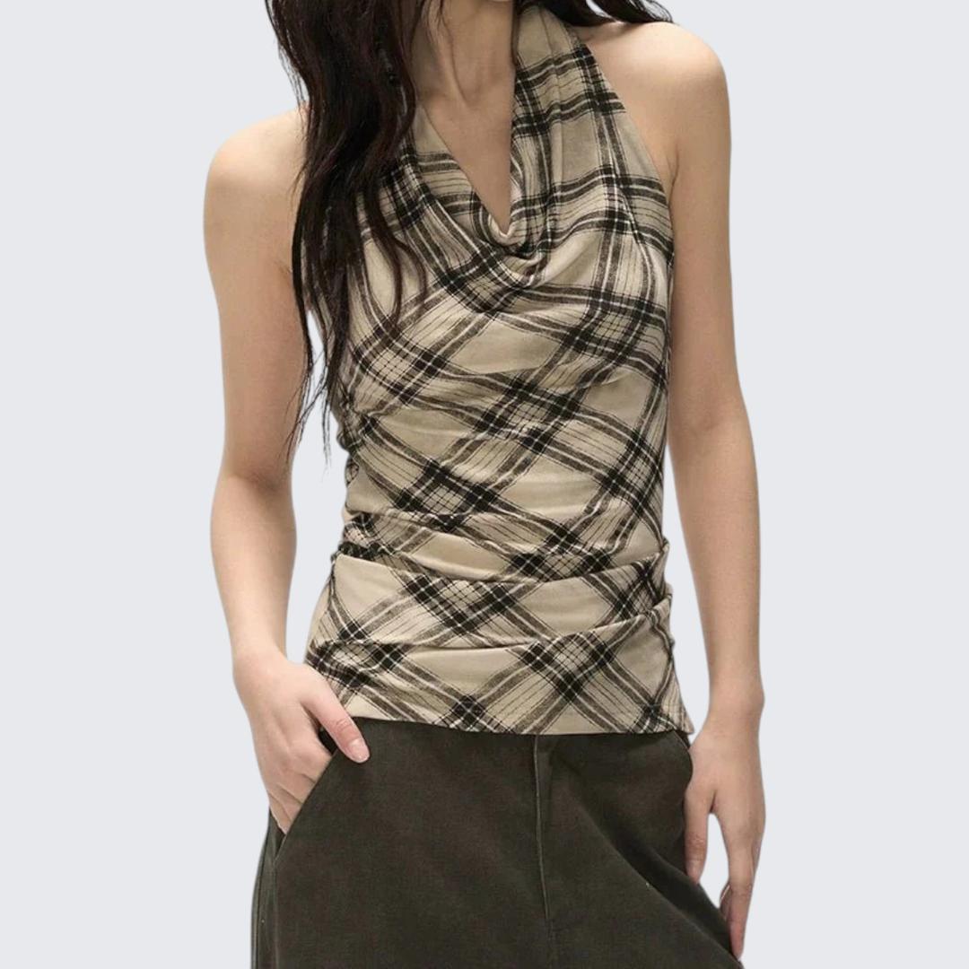Retro Plaid Cowl - Neck Sleeveless E - Girl Halter Top With Waist - Cinching Fit - tutufox - 