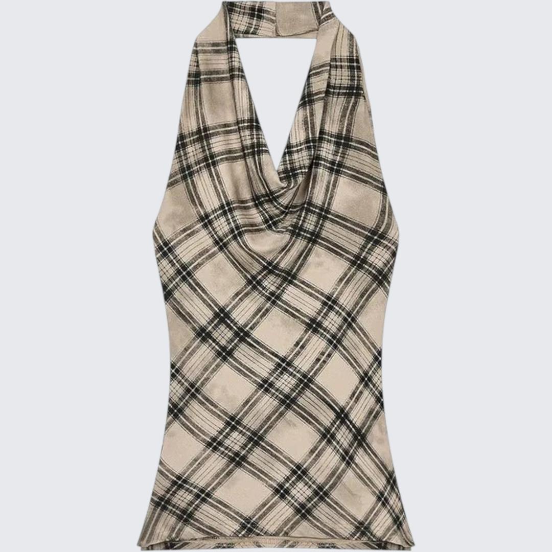 Retro Plaid Cowl-Neck Sleeveless E-Girl Halter Top With Waist-Cinching Fit