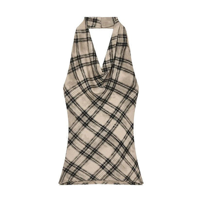 Retro Plaid Cowl - Neck Sleeveless E - Girl Halter Top With Waist - Cinching Fit - tutufox - 
