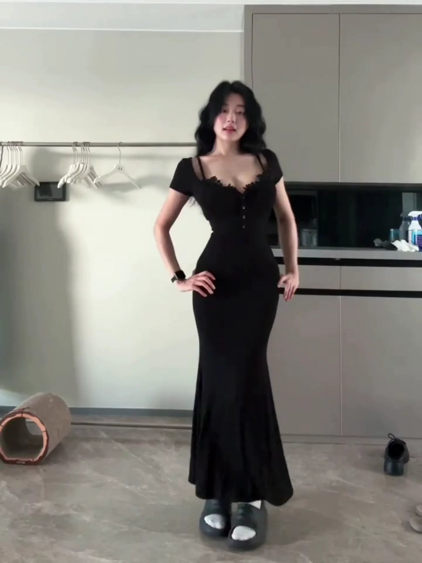 Sexy E - girl Black Lace Short - Sleeve Bodycon Maxi Dress - tutufox - 