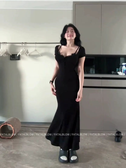 Sexy E - girl Black Lace Short - Sleeve Bodycon Maxi Dress - tutufox - 